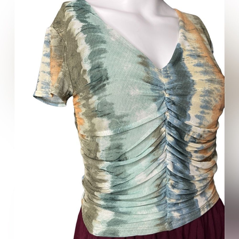 Free Press Mesh Ruched Short Sleeve Top Neutral Green Brown Size Medium